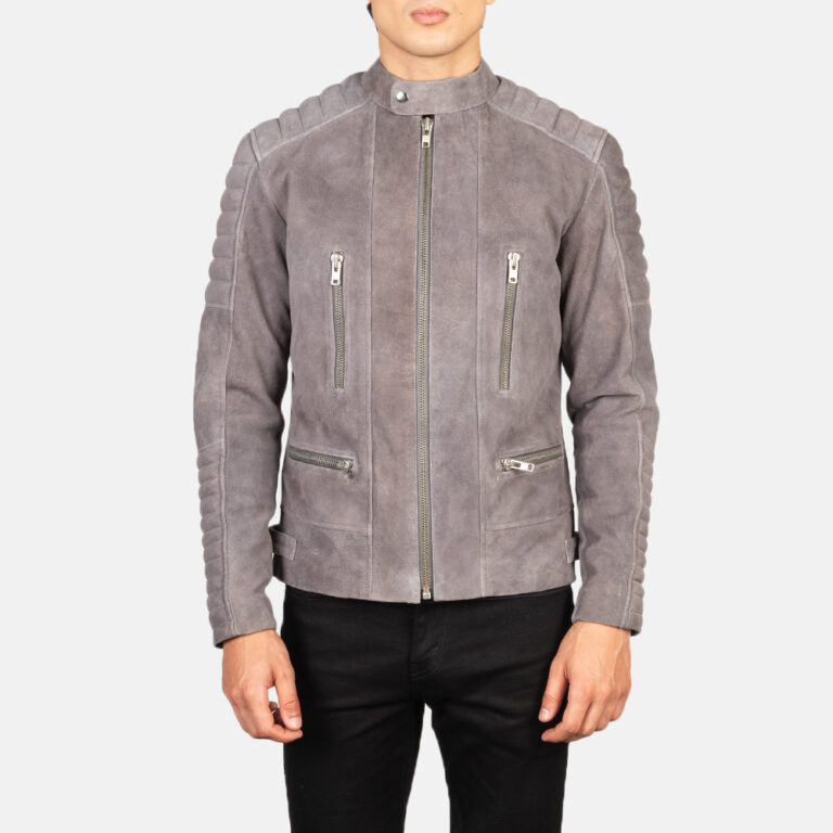 Mens Damian Grey Suede Biker Jacket Close Front-5-1634128049835